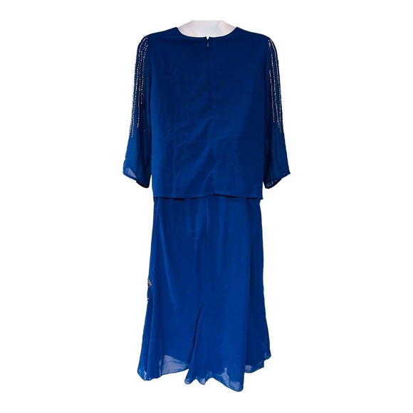 Midnight Velvet Beaded Cobalt Cocktail Formal Dinner Party Midi Skirt Set Suit - Picture 7 of 16